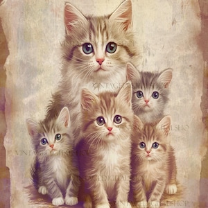 Mama Cat and her Kittens Vintage Digital Download printable wall art image scrap booking