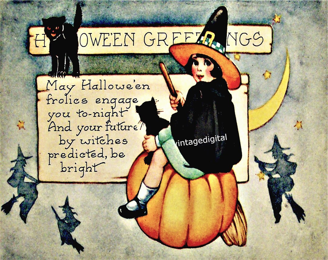 Vintage Halloween Witch Postcard Art: Black Cat & Pumpkin (digital ...