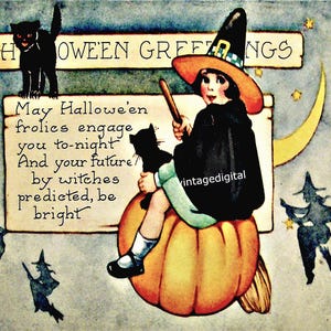 Halloween Postkarte Hexe Vers schwarze Katze Kürbis Wand Kunst Tags, Etiketten, Logos, Transfers Digitales Bild zum Downloaden