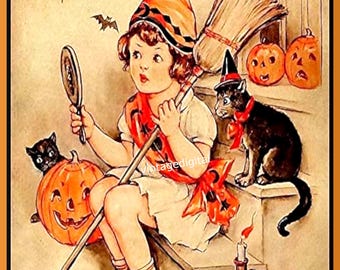 May include: A young girl dressed as a witch for Halloween sits on a step holding a broom and a mirror. She is wearing an orange and black hat and a white dress with a red sash. A black cat sits on the step beside her. There are pumpkins and a lit candle on the steps behind them.