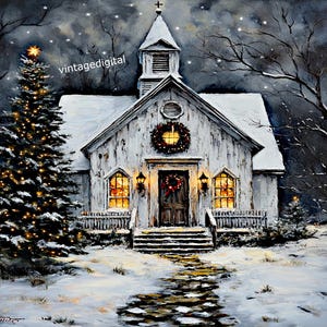 Vintage Church at Christmas Time Digital Wall Art Image Download Printable