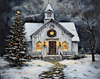 Vintage Church at Christmas Time Digital Wall Art Image Download Printable