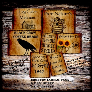 Digital Country Store Labels, Primitive Pantry Labels, Printable Primitive Tags, Vintage Pantry Labels, Image Transfers, Decoupage Crafts