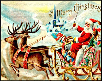 Vintage Merry Christmas Santa Claus Sleigh and Reindeer Image download printable