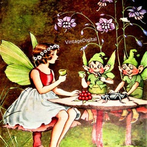 May include: A vintage illustration depicting a fairy tea party. A woman with fairy wings and a flower crown sits at a mushroom table with two green elves. The table holds berries and a bug, with purple flowers in the background.
