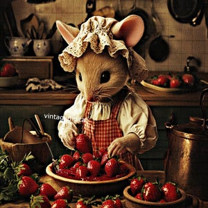 Vintage Farmhouse Country Style Mme Mouse préparant des fraises Image d'art mural numérique téléchargeable et imprimable en téléchargement immédiat