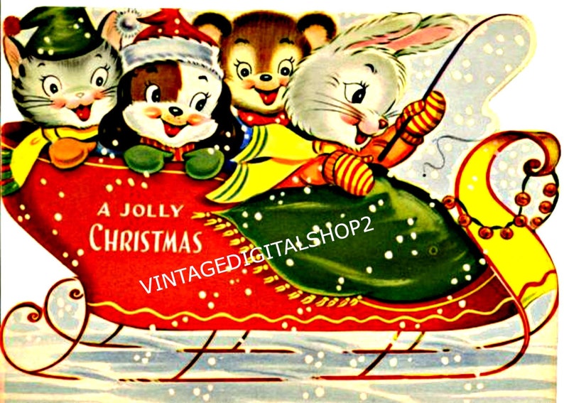 May include: A vintage Christmas card featuring a cat, dog, bear, and rabbit riding in a red sleigh with a yellow trim. The sleigh is decorated with a string of yellow beads and the text "A Jolly Christmas".