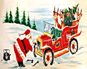 Retro Santa Printable: Fixing Santa Express Jalopy - Vintage Christmas Card (Digital Download)
