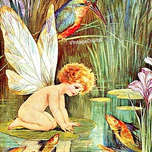 Fée, poisson et oiseau vintage en téléchargement numérique, cartes d'images/étiquettes/transferts/scrapbook/journaux