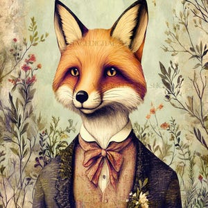 Può includere: Una volpe che indossa un abito con un papillon e un fiore sul risvolto. La volpe è circondata da vegetazione verde e fiori. Lo sfondo è di colore azzurro chiaro.