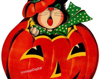 Halloween Cat Inside Pumpkin Vintage Digital image Download Printable