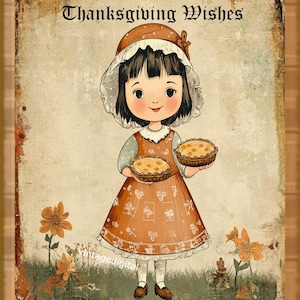 Deseos de Acción de Gracias: Niña pequeña ofreciendo pasteles, imagen digital vintage, descargable e imprimible.