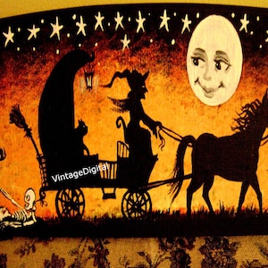 Salutations d'Halloween image numérique vintage téléchargement d'art mural sorcière, squelette, pleine lune imprimable