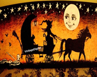 Halloween Grüße Vintage digitales Bild Wand Kunst Download Hexe, Skelton, Vollmond druckbare
