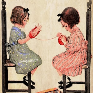May include: Two girls sit in chairs, each holding a ball of yarn and a red string connecting them. They are wearing dresses with polka dots and stripes. The background is a vintage-style beige.
