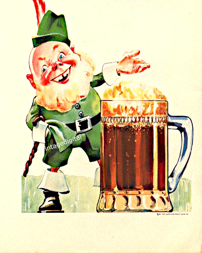 May include: A cartoon leprechaun wearing a green hat and holding a walking stick stands next to a large glass mug filled with a dark brown liquid topped with foam.