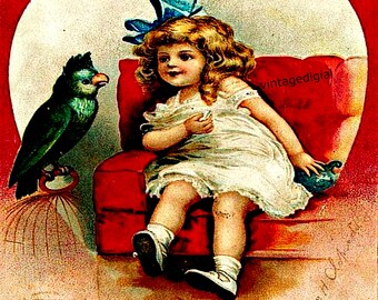 Puede incluir: Una tarjeta vintage de San Valentín con una niña pequeña con un vestido blanco sentada en un sillón rojo. Ella está sosteniendo un pájaro azul en su mano. La tarjeta tiene un borde en forma de corazón con el texto "Be assured 'tis you or none That I love and love alone." y "Love's Greeting".