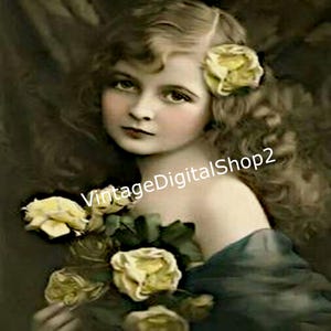 Fotografía vintage coloreada de los años 20 de una niña con rosas amarillas, arte de pared digital para descargar e imprimir