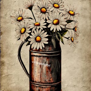 Margaridas florais de fazenda primitivas vintage para download, imagem para impressão, arte, decoração, cartões/etiquetas/decoupage/scrapbooking/páginas de diário/clip art/logotipos