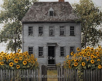 Puede incluir: Ilustración de una casa gris de dos pisos con aspecto desgastado, con múltiples ventanas y una puerta oscura. Una valla de madera y una vibrante exhibición de girasoles enmarcan la casa. El texto "CRVINTAGEDIGITALS" es visible.