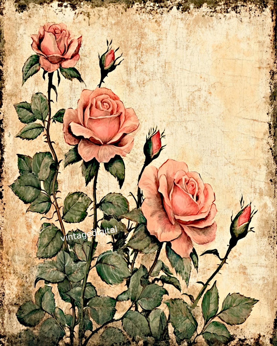 Vintage Pink Roses Art Print: Floral Wall Decor (digital Download) - Etsy