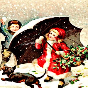 Immagine natalizia vintage vittoriana di una ragazza con ombrello e un ragazzo con una palla di neve, scaricabile digitalmente e stampabile