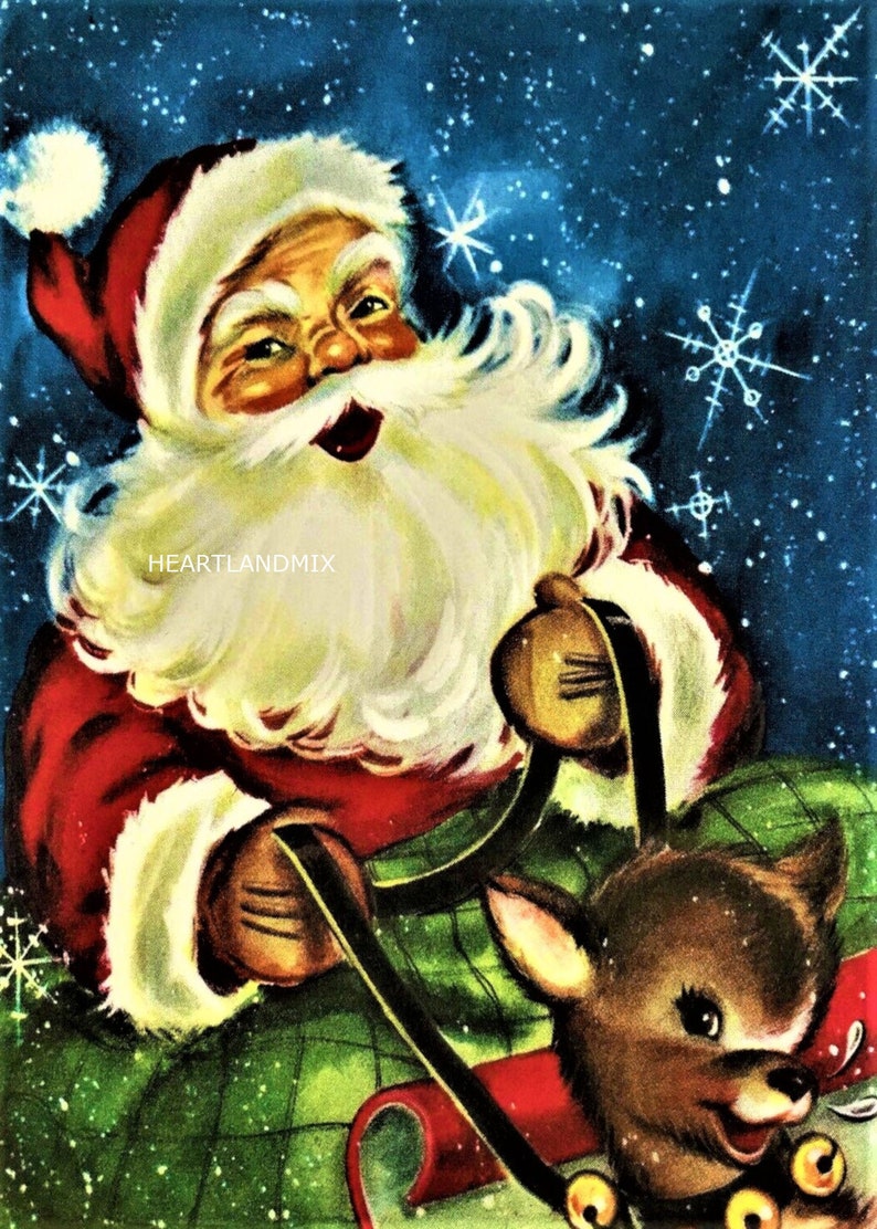 Vintage Merry Christmas Santa Claus and Reindeer Image digital download printable image 1
