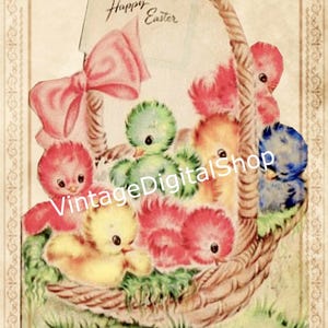Postal de Pascua vintage con imagen digital, descarga instantánea, pollitos de Pascua de colores para imprimir