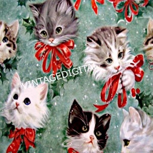 Carta da regalo natalizia Gattini con fiocchi rossi Immagine digitale vintage