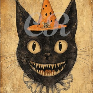 Vintage Primitive Art Deco Halloween Black Cat Digital Image Download Printable Decoupage, scrapbook, journal kits, wall art, clip art