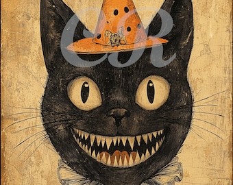Vintage Art Deco Halloween Black Cat Image: Printable Digital Download