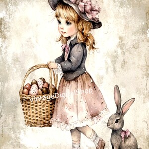 Vintage Retro Młoda Dziewczyna Niosąca Koszyk Wielkanocny Z Króliczkiem Cyfrowe Pobieranie Wydrukowalny Obraz, Scrapbooking, Dzienniki, Dekupaż, Karty