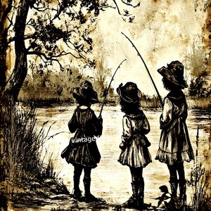 Vintage Primitive Colonial Children Fishing Digital Download Image ...