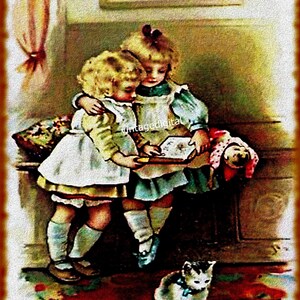 ヴィンテージ ビクトリア朝の子供の姉妹が読書をしているデジタル グラフィック アート画像をダウンロードして印刷可能