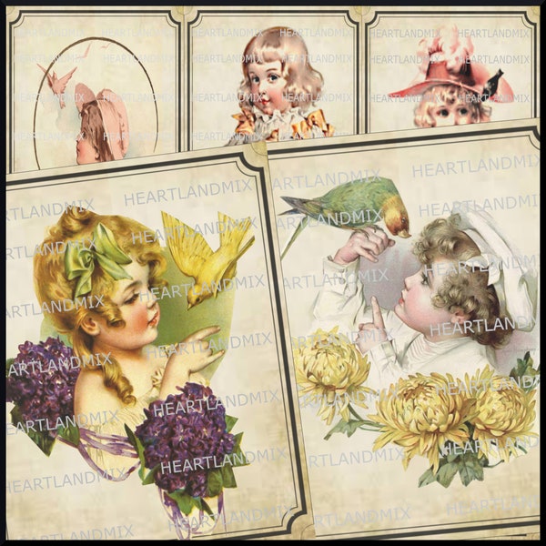 Vintage Girls with Birds Collage Set of Maude Humphrey's Home Print Decor/Wall Art/Hang Tags/Logos/Transfers/Ornies/Magnets