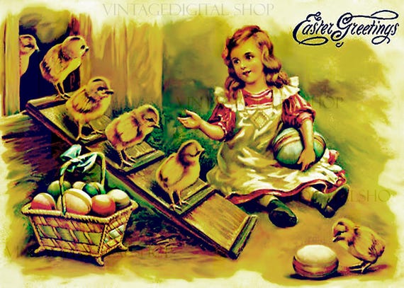 Vintage Easter Girl with Chicks JPG: Printable Clip Art (Digital Download)