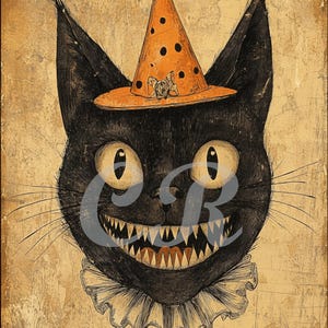 CANVAS PRINT Vintage Primitive Halloween Art Deco Era Black Cat