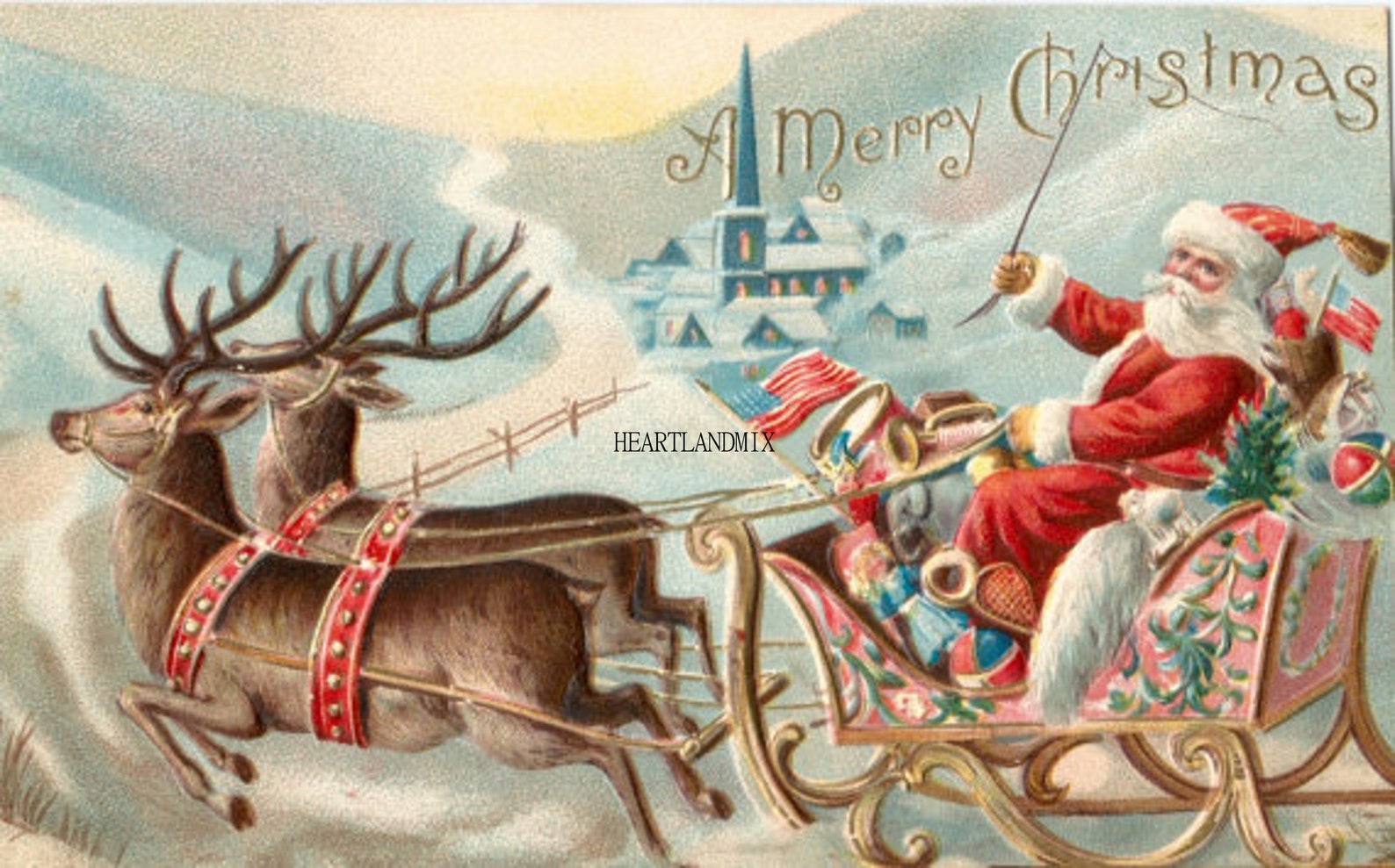 Vintage Merry Christmas Santa Claus Sleigh and Reindeer Image | Etsy