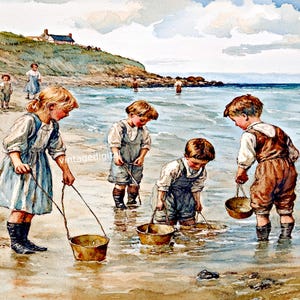 Vintage ouderwetse groeten aan zee Postkaart Clam Dig digitale download afdrukbare