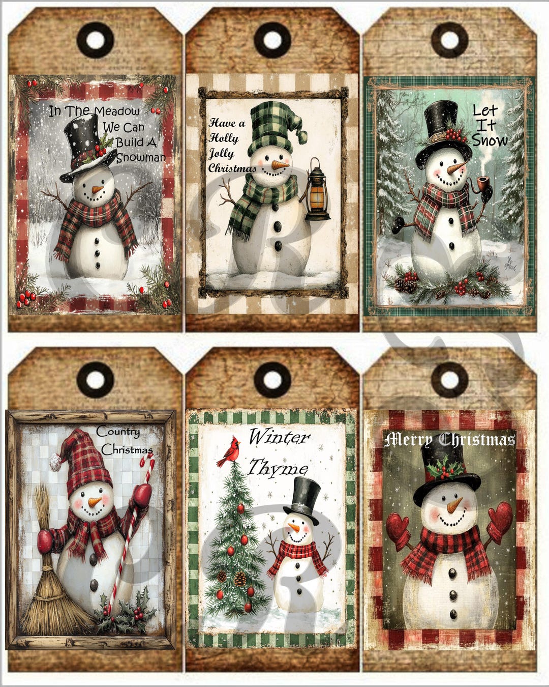 Vintage Primitive Farmhouse Country Christmas Set of 6 Snowman Tags ...