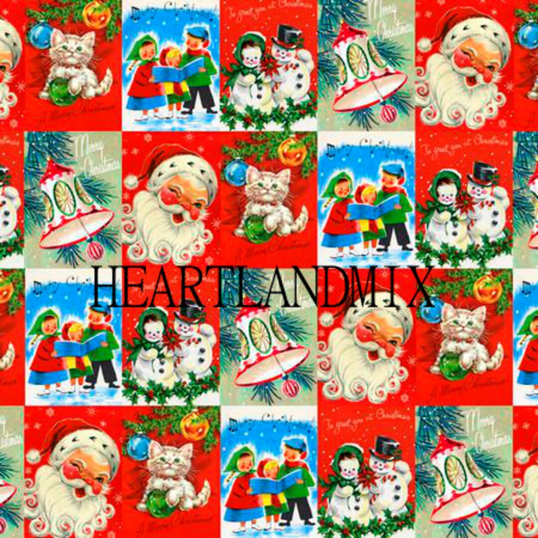 Christmas Wrapping Paper Vintage Digital Image Wallpaper Download Printable Bells, Santa, Kids