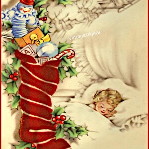 Criança dormindo sonhando com meia de Natal para imprimir - Imagem digital vintage para download