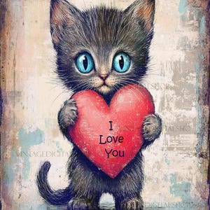 Vintage Kitten Valentine Download Printable Image Art Decor cards/tags/transfers/scrapbooking/journal pages/clip art/logos