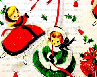 Christmas Wrapping Paper Digital Image Girls Bells Ribbons Holly Download Printable