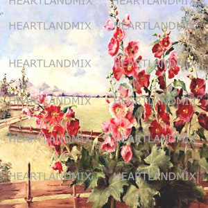 Vintage Floral Botanical Digital Download Printable Image Wall Art Hollyhock