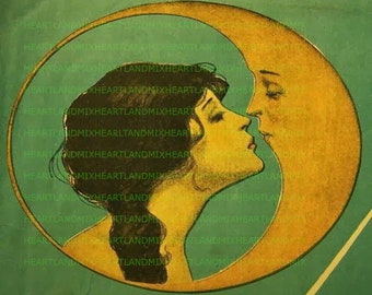 Antique Vintage Digital Wall Art Image Download Printable Woman Kissing the Moon