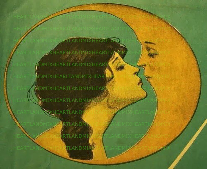 Antique Vintage Digital Wall Art Image Download Printable Woman Kissing the Moon image 1