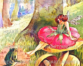 Vintage Fairy and Frog Illustration Vintage Digital Wall Art Download Printable Image