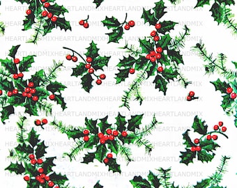 May include: A seamless pattern of green holly leaves and red berries on a white background. The pattern is repeated throughout the image.