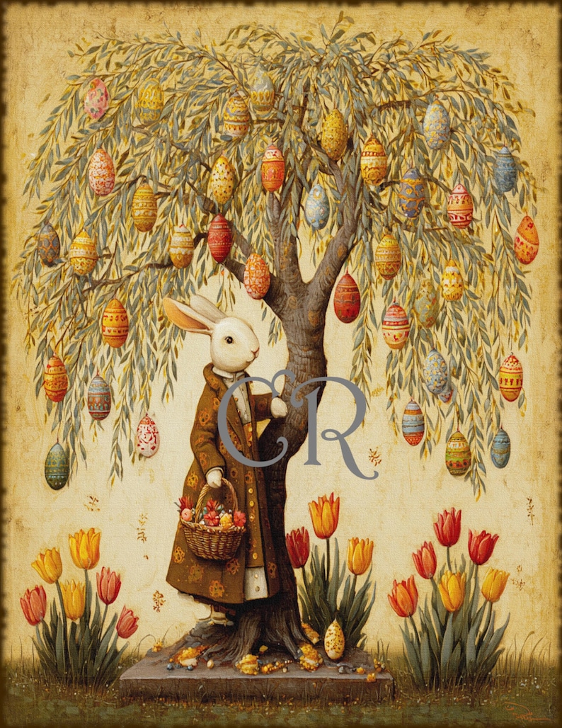 Canvas Print: Vintage Easter Egg Tree and Easter Rabbit Wall Art Image ...